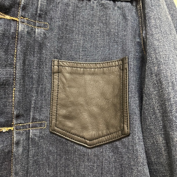 The Kooples Selvedge Blue Denim Type 2 Leather Pocket Jean Jacket L Slim - Picture 2 of 9